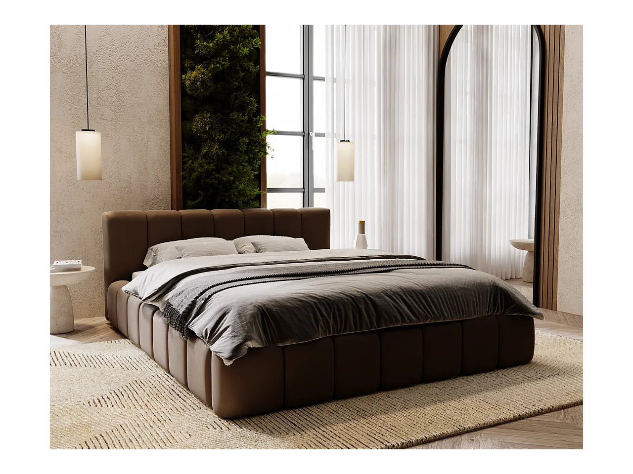 Lit rembourré avec rangement - 120 x 200 - lit double - velours - marron - Split