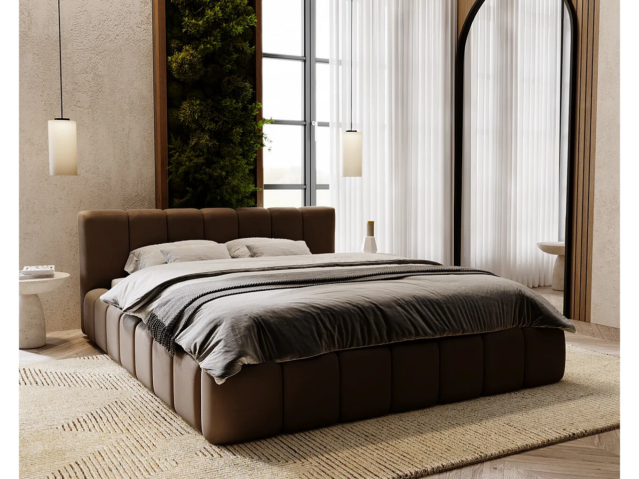 Lit rembourré avec rangement - 120 x 200 - lit double - velours - marron - Split