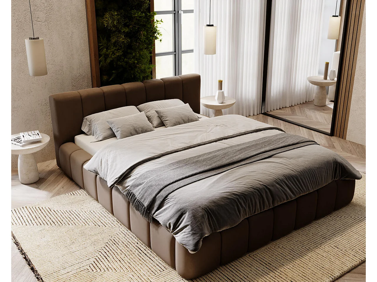 Lit rembourré avec rangement - 120 x 200 - lit double - velours - marron - Split