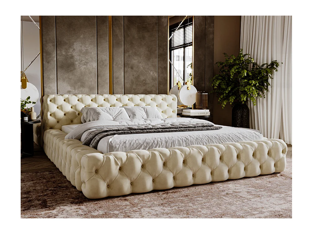 Lit rembourré avec rangement - 180 x 200 - lit double - velours - beige - Palini