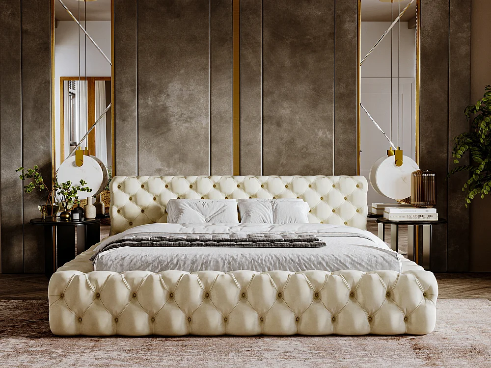 Gestoffeerd bed Palini 180x200 beige - opbergruimte voor beddengoed, houten lattenbodem, doorgestikt hoofdbord en bedframe