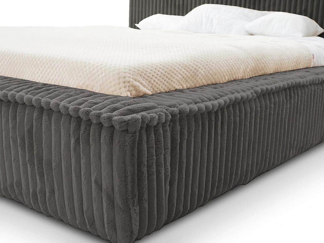 Gestoffeerd bed Lago 140x200 grijs - opbergruimte voor beddengoed, houten lattenbodem, hoofdbord en bedframe