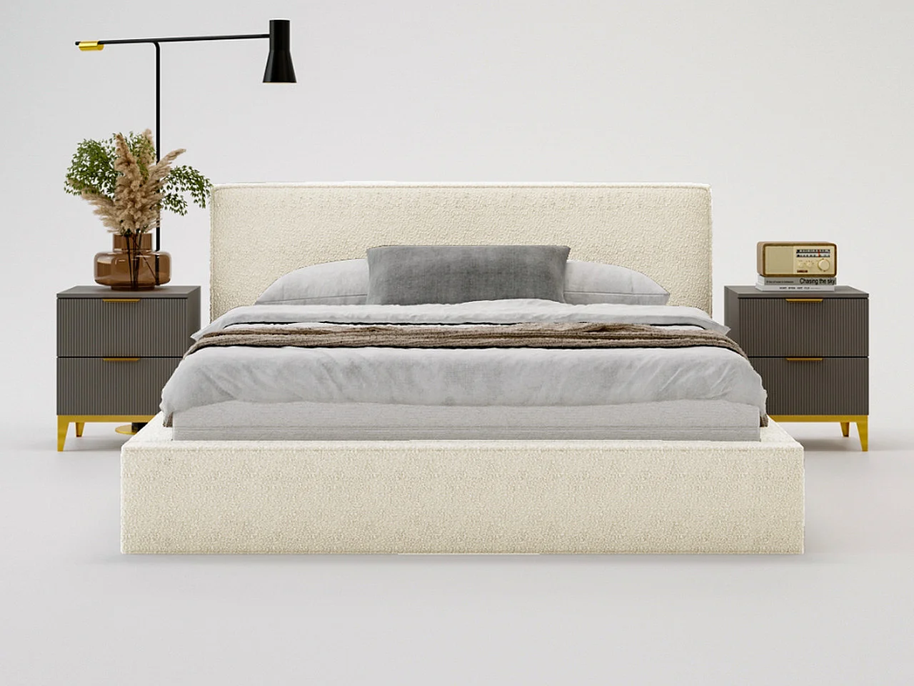 Lit rembourré avec rangement - 140 x 200 - lit double - bouclé - beige - Monaco