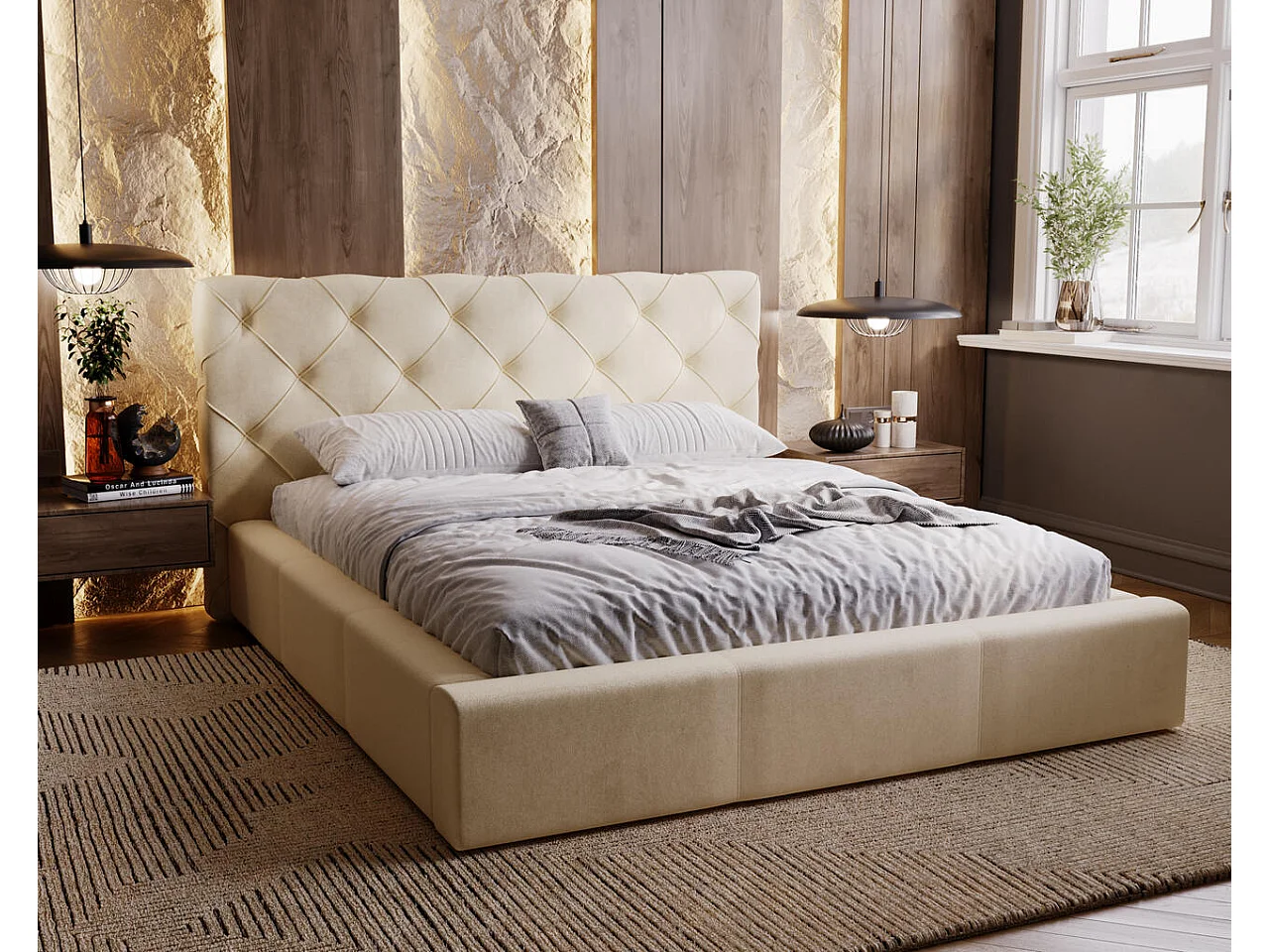 Lit rembourré avec rangement - 120 x 200 - lit double - velours - beige - Milano