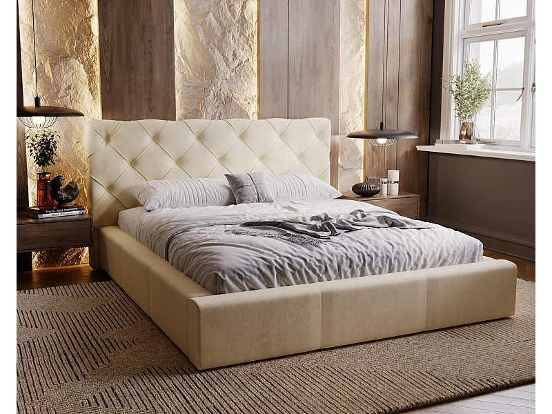 Gestoffeerd bed Milano 120x200 beige - opbergruimte voor beddengoed, houten lattenbodem, doorgestikt hoofdbord en bedframe
