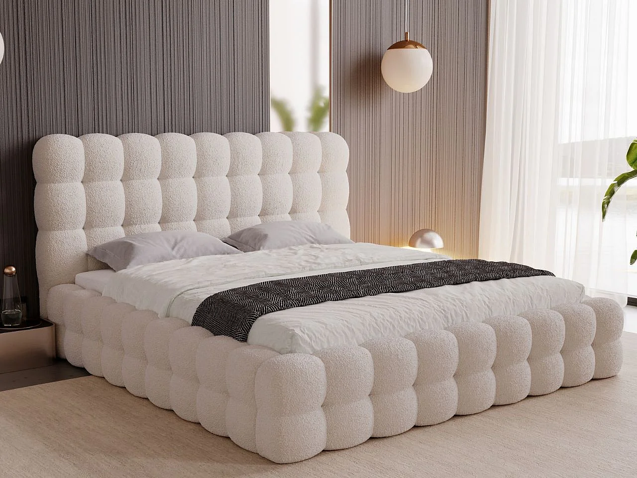 Gestoffeerd bed Twist 200x200  beige - opbergruimte voor beddengoed, houten lattenbodem, doorgestikt hoofdbord en bedframe