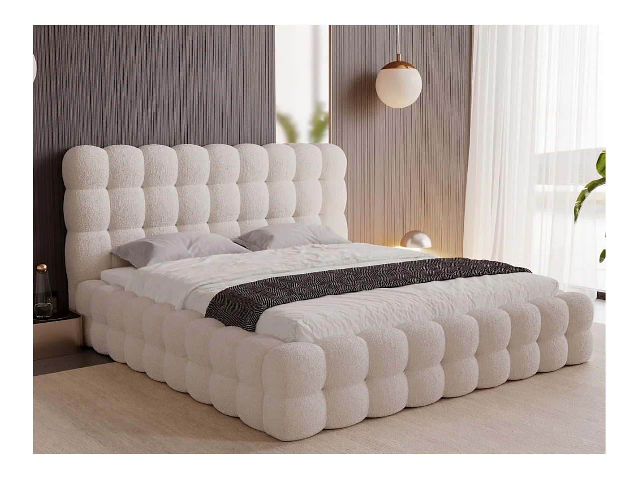 Lit rembourré avec rangement - 200 x 200 - lit double - bouclé - beige - Twist