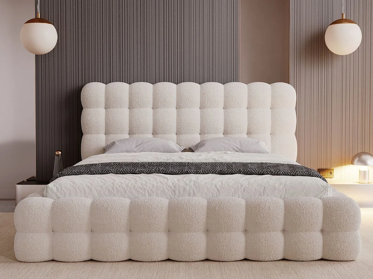 Lit rembourré avec rangement - 200 x 200 - lit double - bouclé - beige - Twist