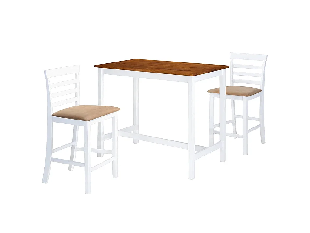 Set mesa y sillas de bar 3 piezas madera maciza marrón y blanco