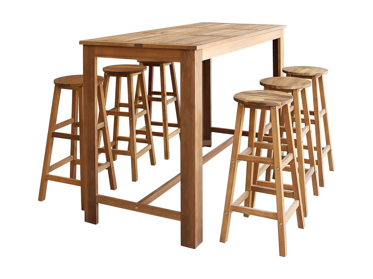 Bartisch und Hocker-Set 7-tlg. Akazienholz Massiv