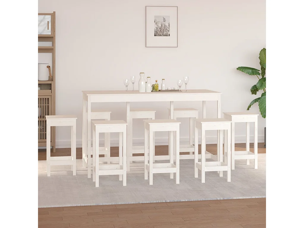 Ensemble de bar 9 pcs Blanc Bois de pin massif