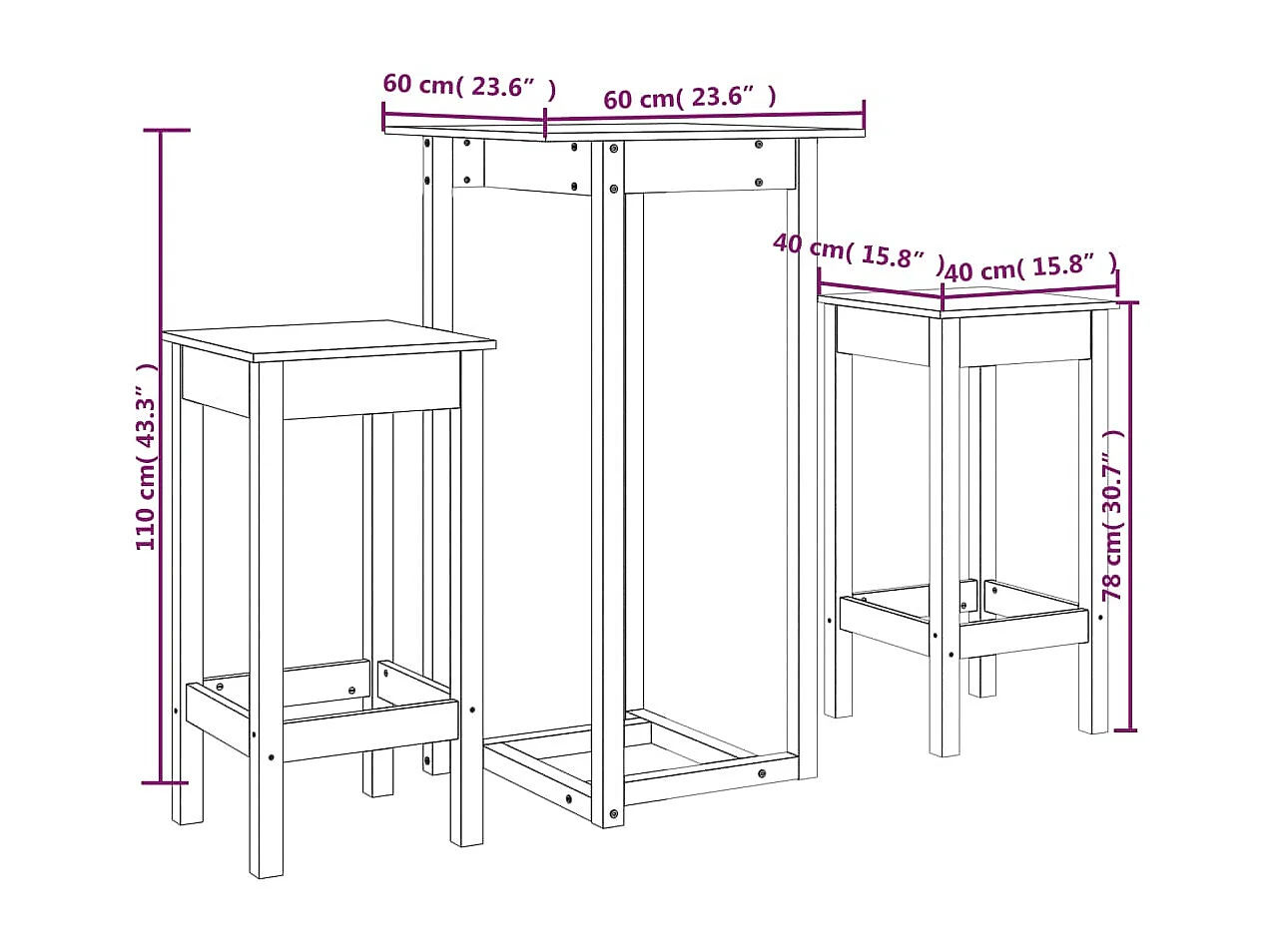 3-delige Barset massief grenenhout wit