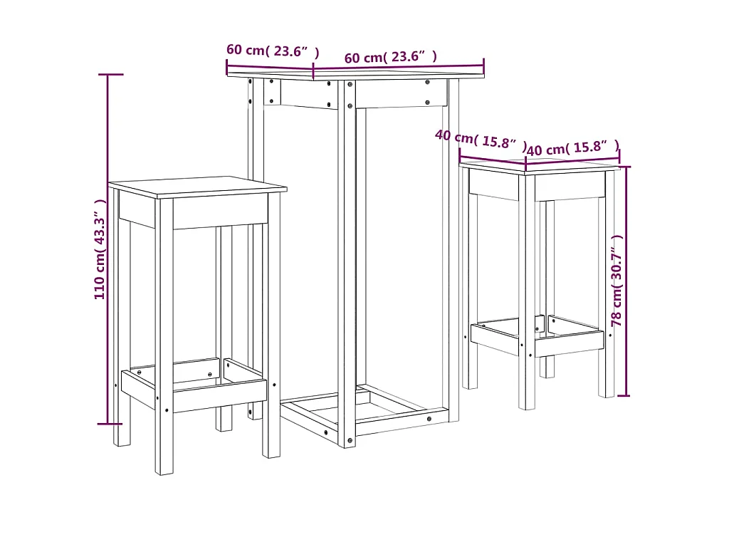 3-delige Barset massief grenenhout wit