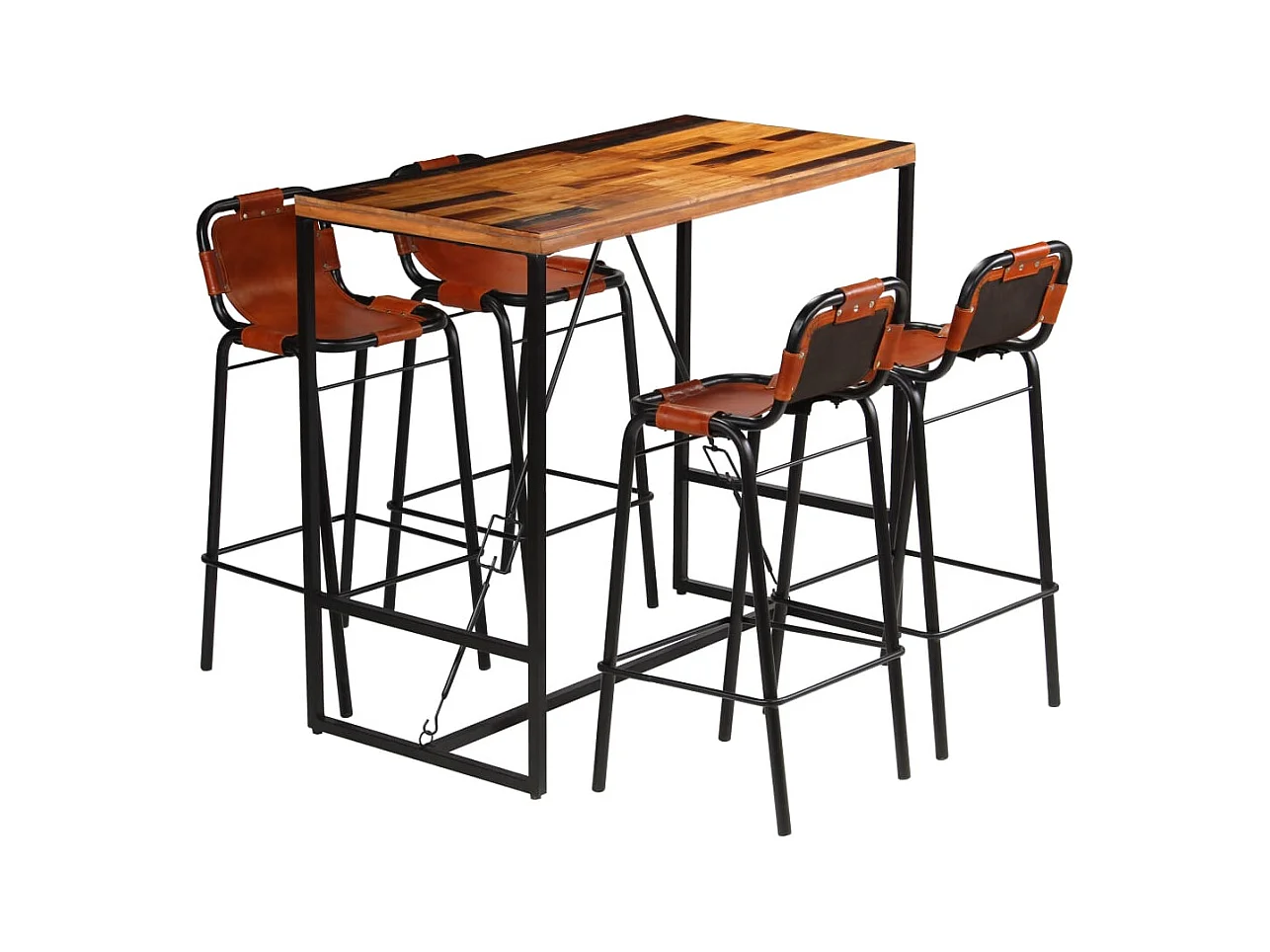 Ensemble de bar 5 pcs Bois massif recyclé et cuir de chèvre