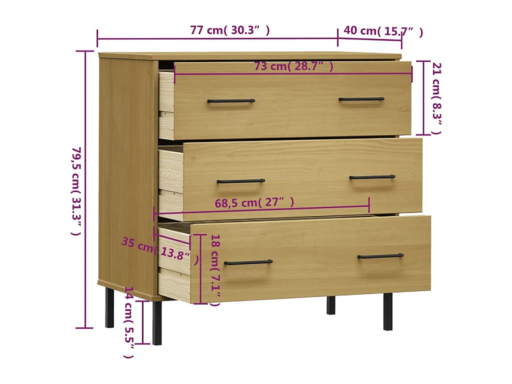 Buffet avec 3 tiroirs Marron 77x40x79,5 cm Bois massif OSLO