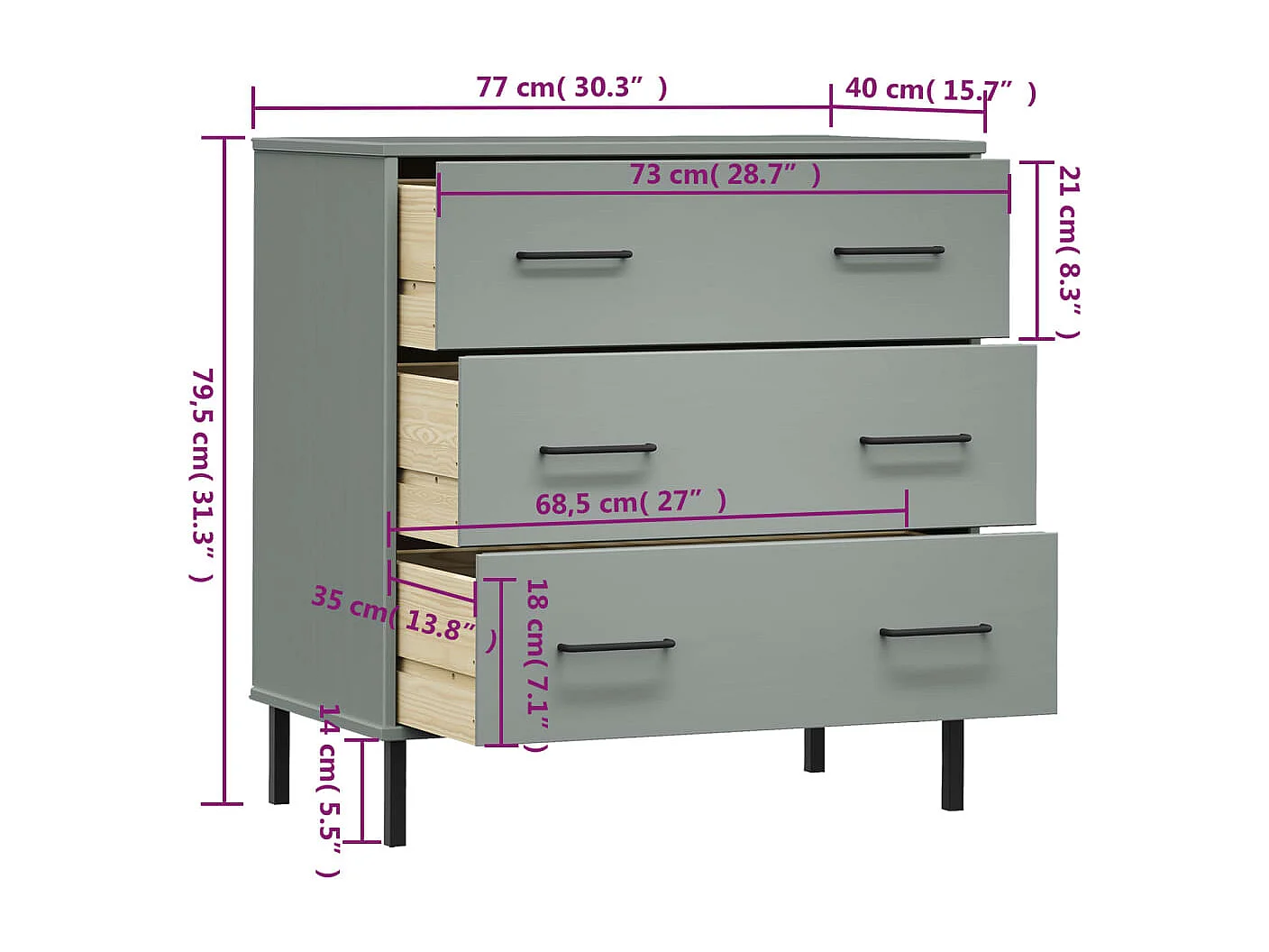 Sideboard OSLO mit 3 Schubladen Grau 77x40x79,5 cm Massivholz