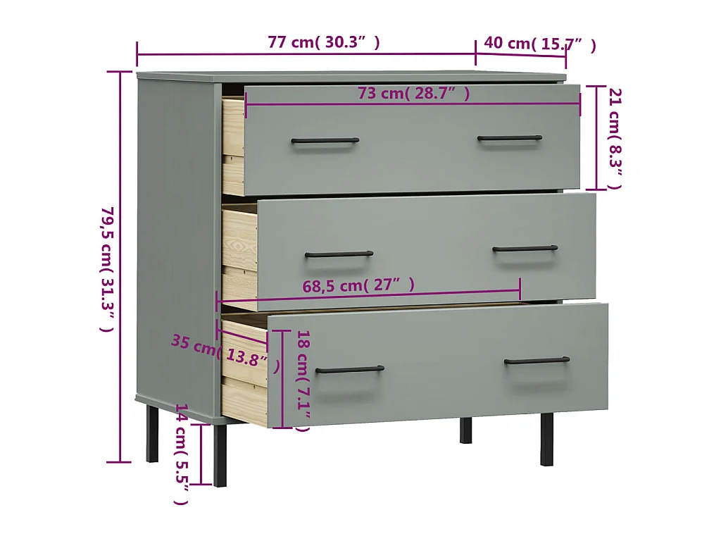 Buffet avec 3 tiroirs Gris 77x40x79,5 cm Bois massif OSLO