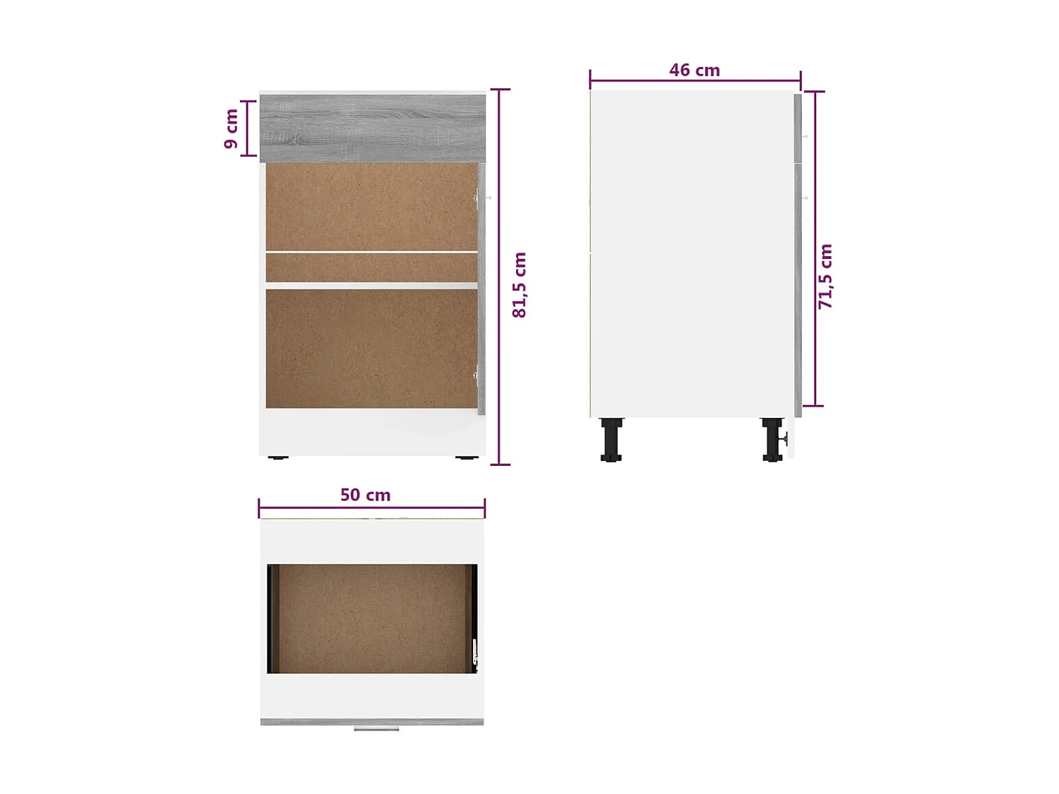 Armoire à tiroirs inférieure "Lyon" Gris Sonoma 50 x 46 x 81,5 cm Bois d'ingénierie