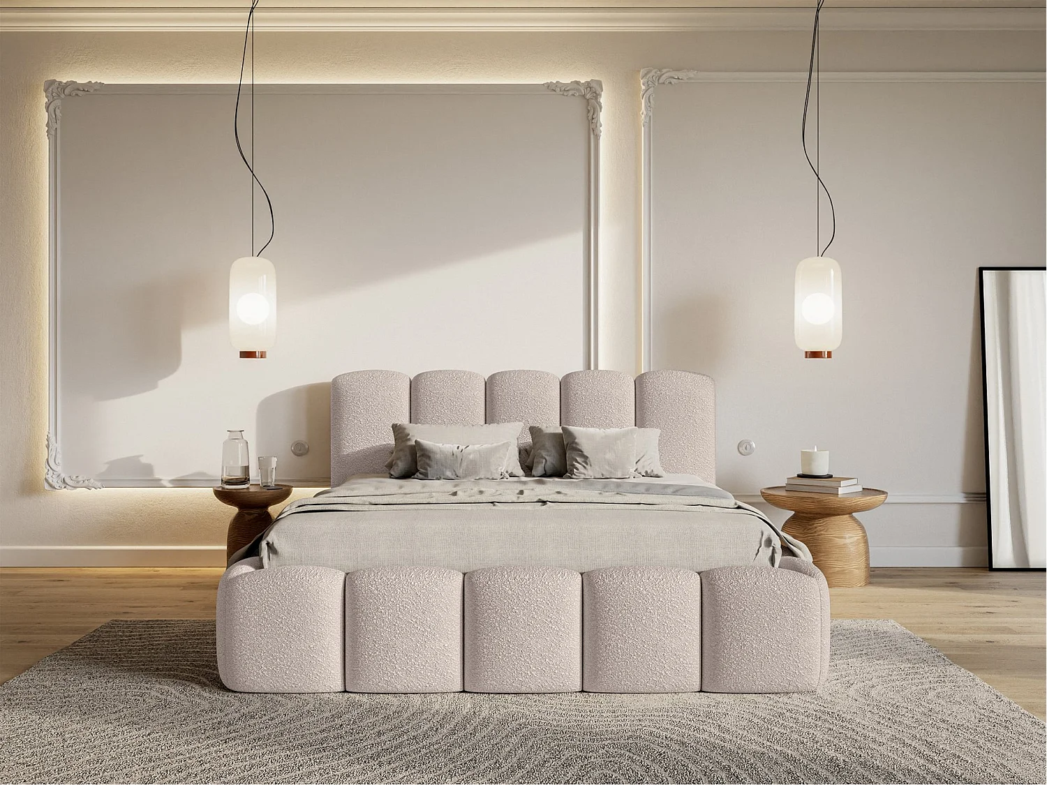 Lit coffre avec tête de lit - 180x200 cm - en bouclette beige clair - CLOUDY II