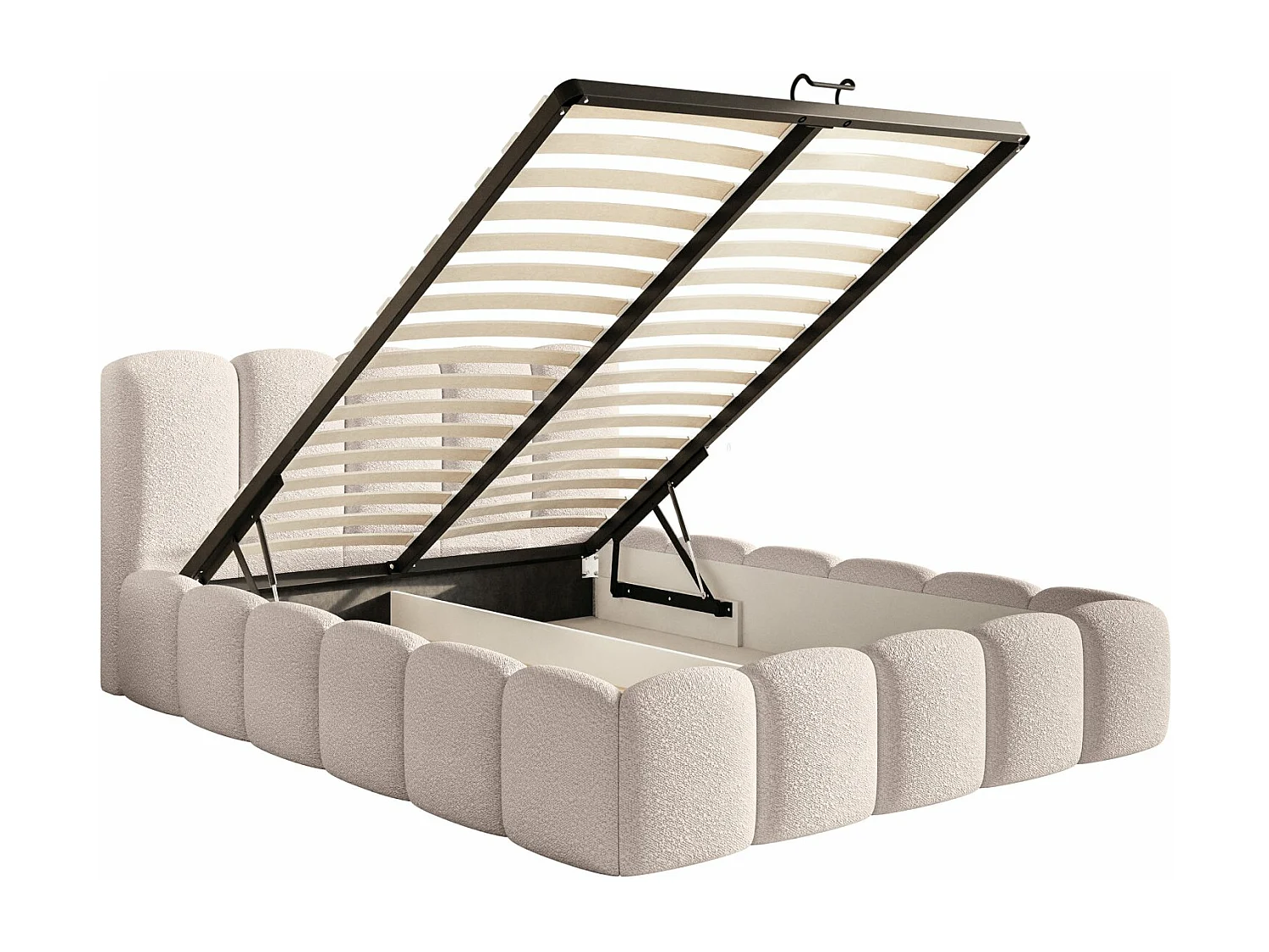 Lit coffre avec tête de lit - 180x200 cm - en bouclette beige clair - CLOUDY II