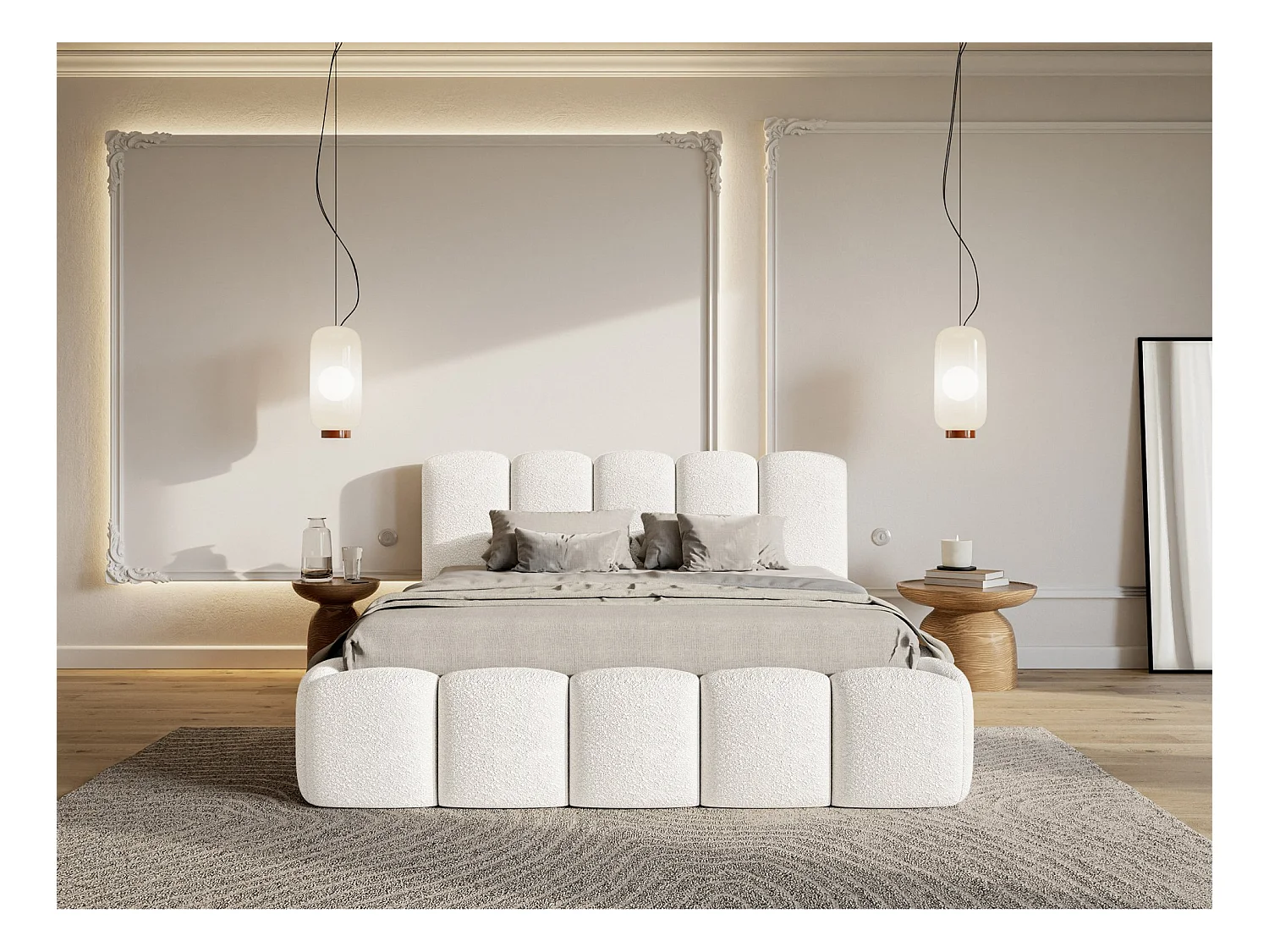 Lit coffre avec tête de lit - 160x200 cm - en bouclette crème - CLOUDY II