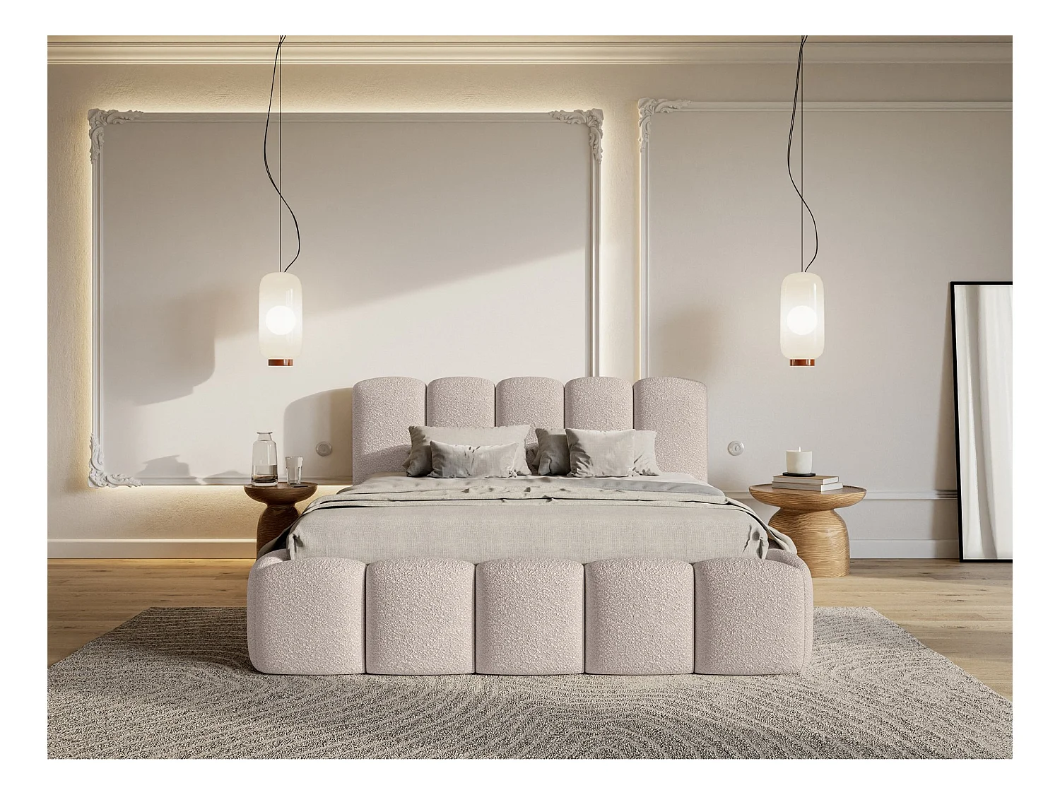 Lit coffre avec tête de lit - 160x200 cm - en bouclette beige clair - CLOUDY II