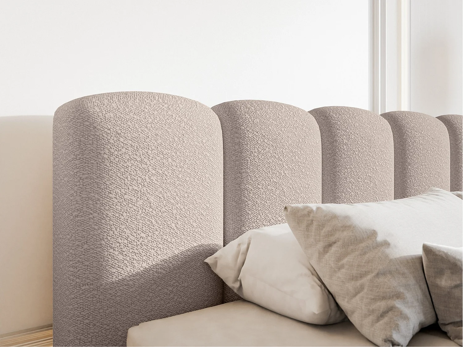 Lit coffre avec tête de lit - 160x200 cm - en bouclette beige clair - CLOUDY II