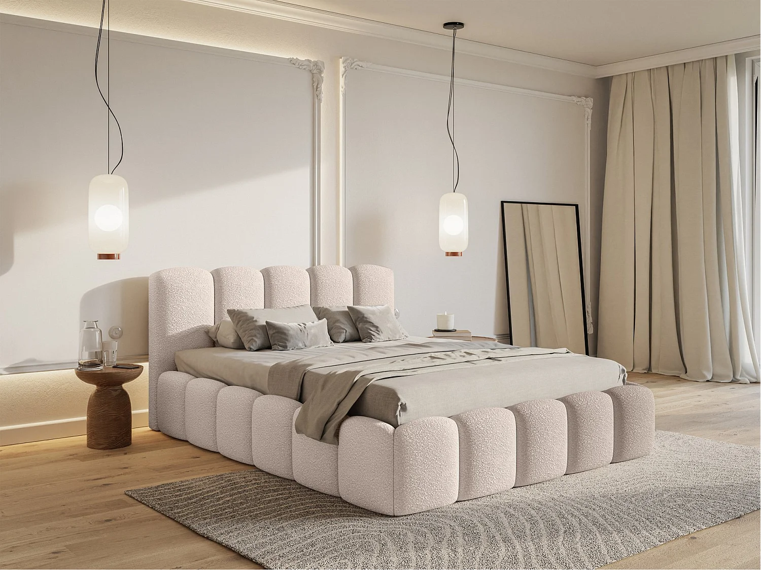 Opbergbed met hoofdeinde - 160x200 cm - in lichtbeige bouclé - CLOUDY II