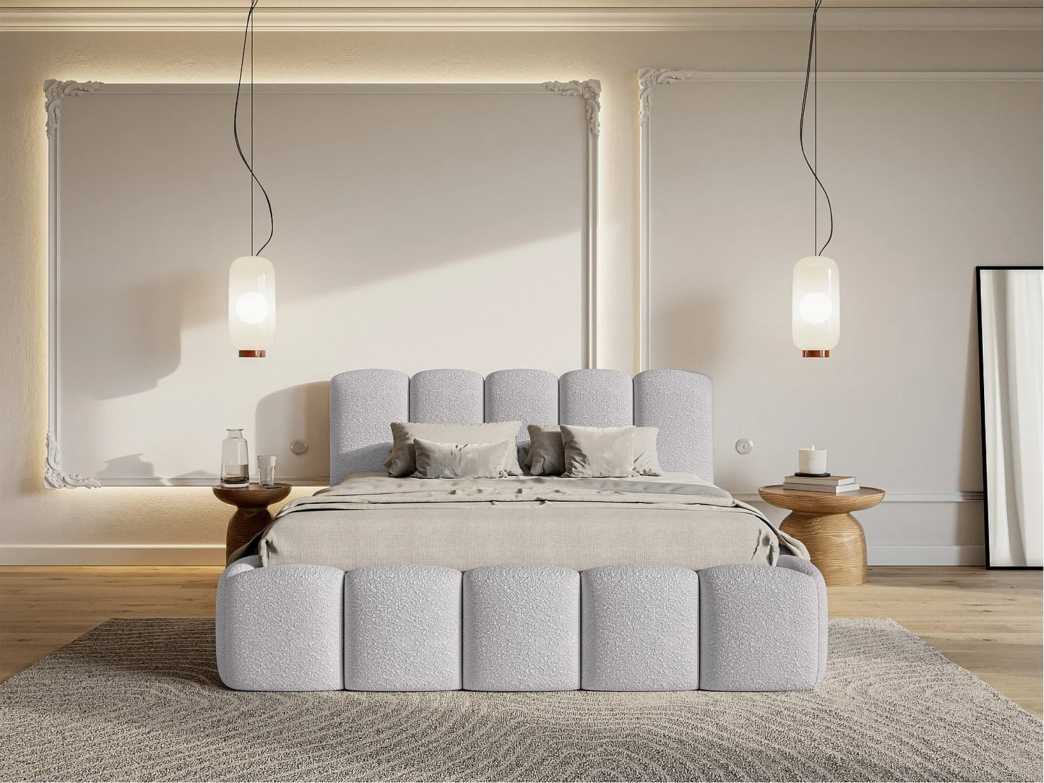 Lit coffre avec tête de lit - 140x200 cm - en bouclette gris clair - CLOUDY II