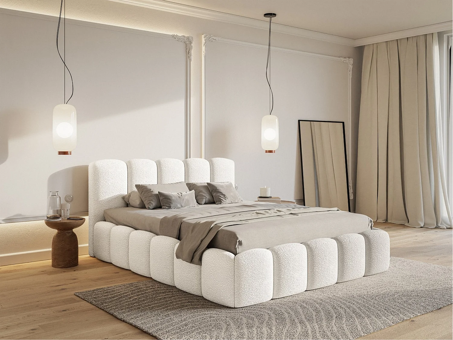 Lit coffre avec tête de lit - 180x200 cm - en bouclette crème - CLOUDY II