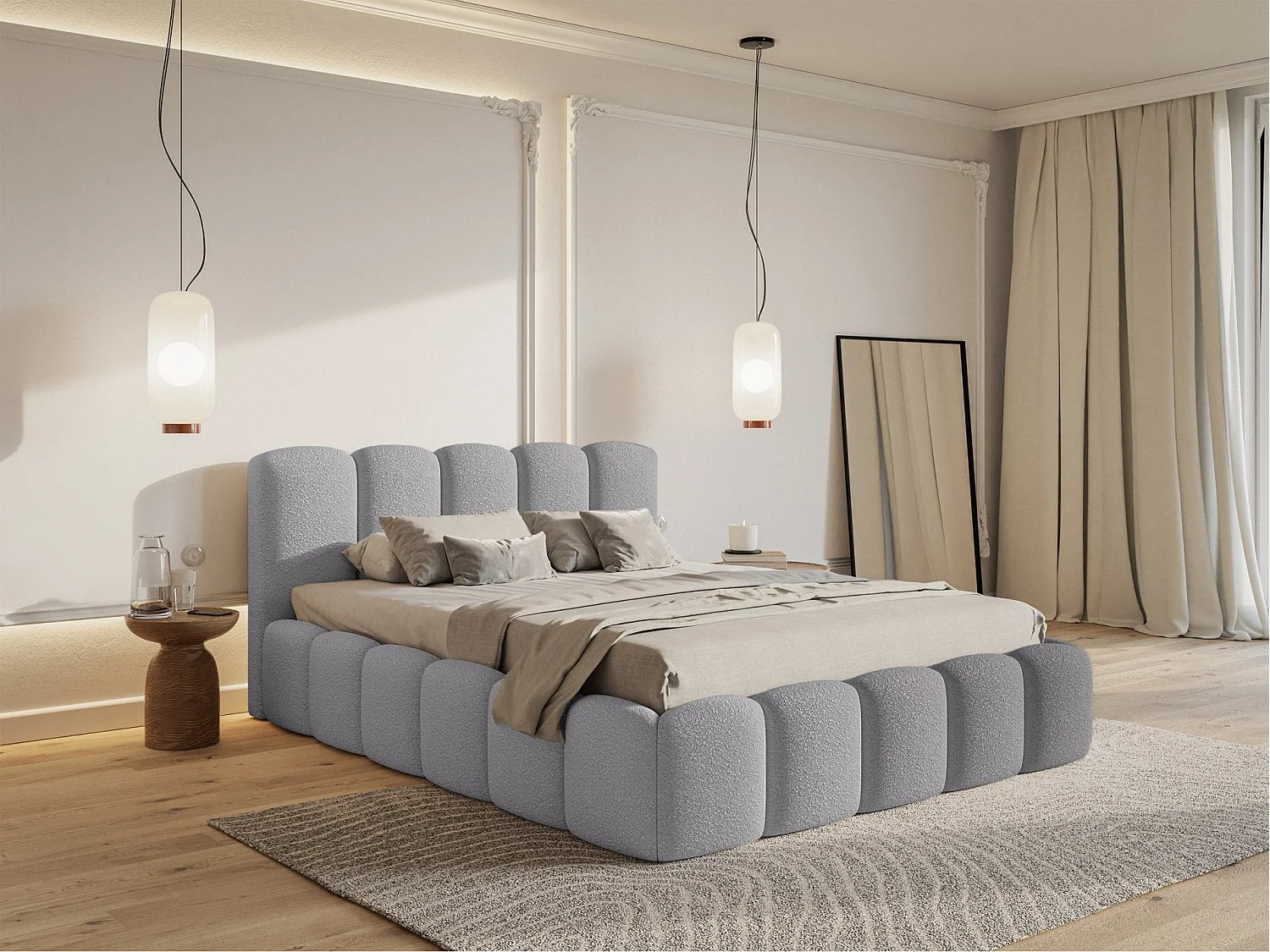Lit coffre avec tête de lit - 160x200 cm - en bouclette grey - CLOUDY II