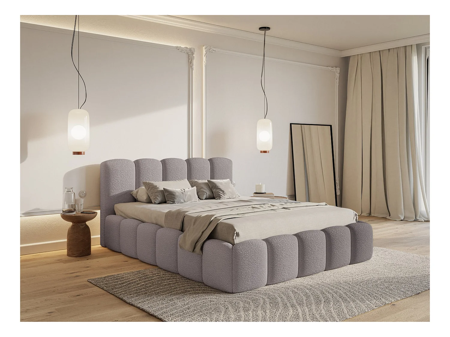 Lit coffre avec tête de lit - 140x200 cm - en bouclette taupe - CLOUDY II