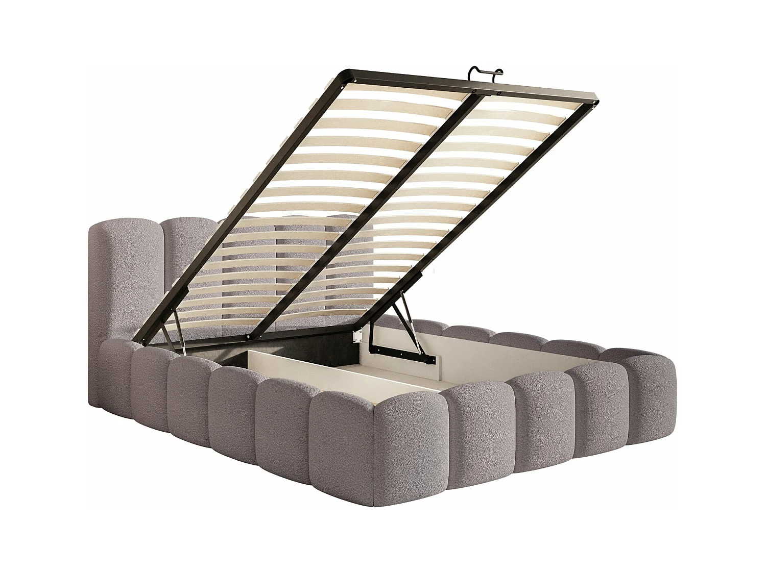 Lit coffre avec tête de lit - 140x200 cm - en bouclette taupe - CLOUDY II