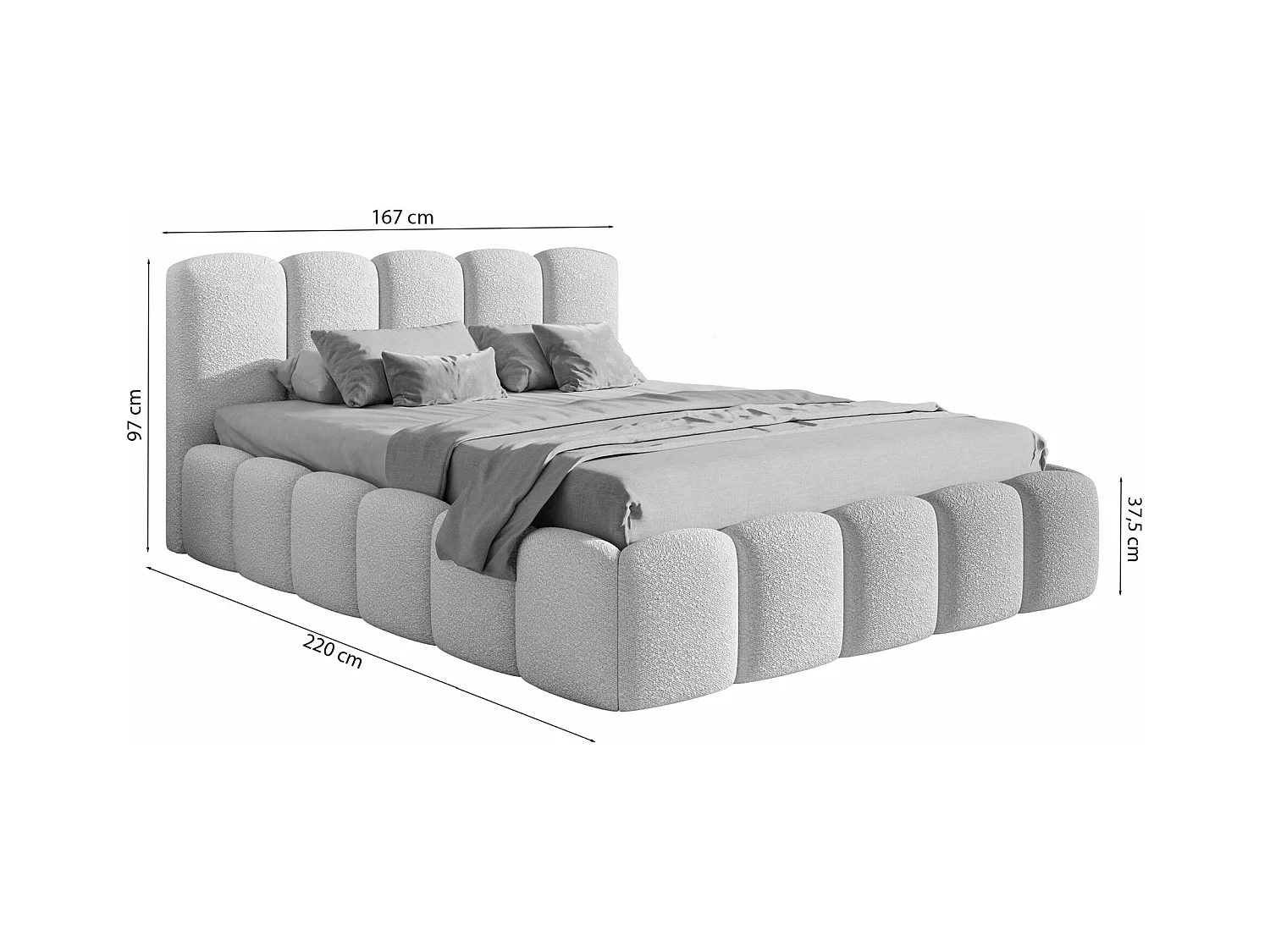 Lit coffre avec tête de lit - 140x200 cm - en bouclette taupe - CLOUDY II