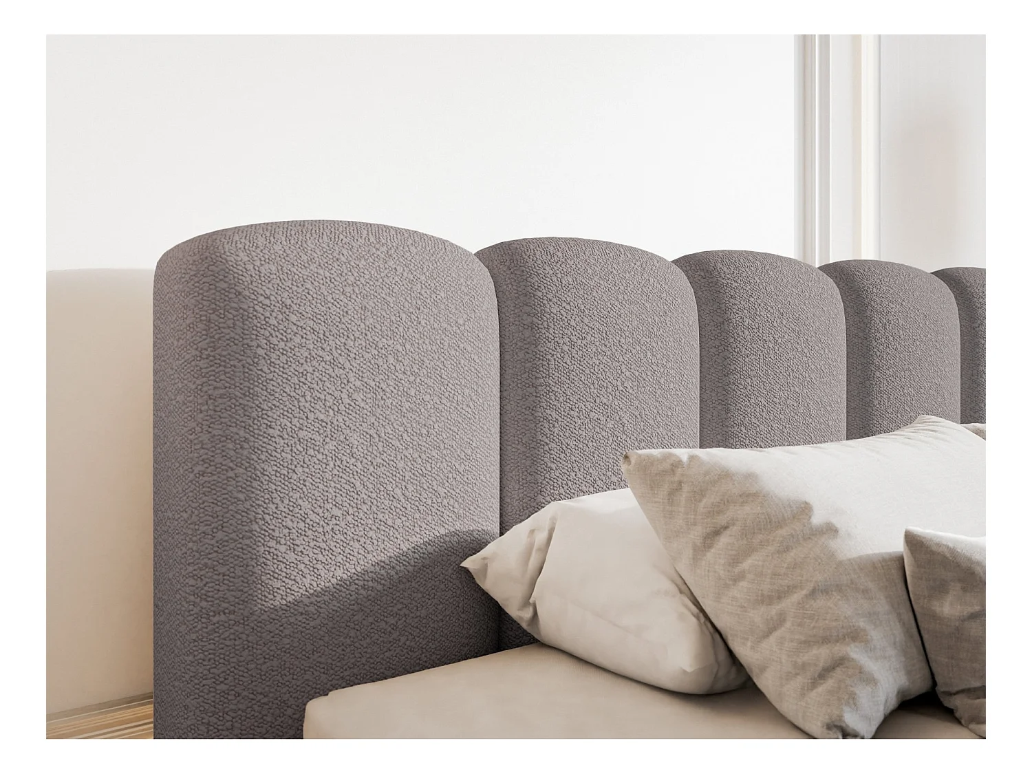 Lit coffre avec tête de lit - 140x200 cm - en bouclette taupe - CLOUDY II