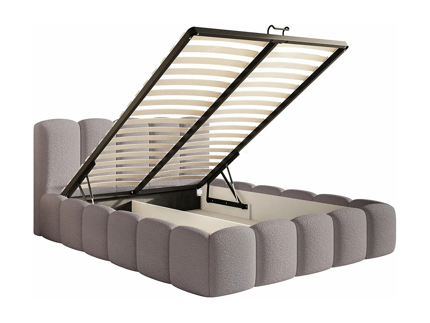 Lit coffre avec tête de lit - 140x200 cm - en bouclette taupe - CLOUDY II