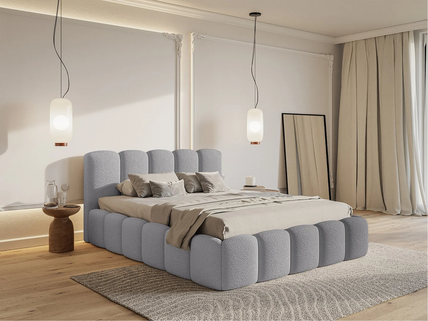 Lit coffre avec tête de lit - 180x200 cm - en bouclette grey - CLOUDY II