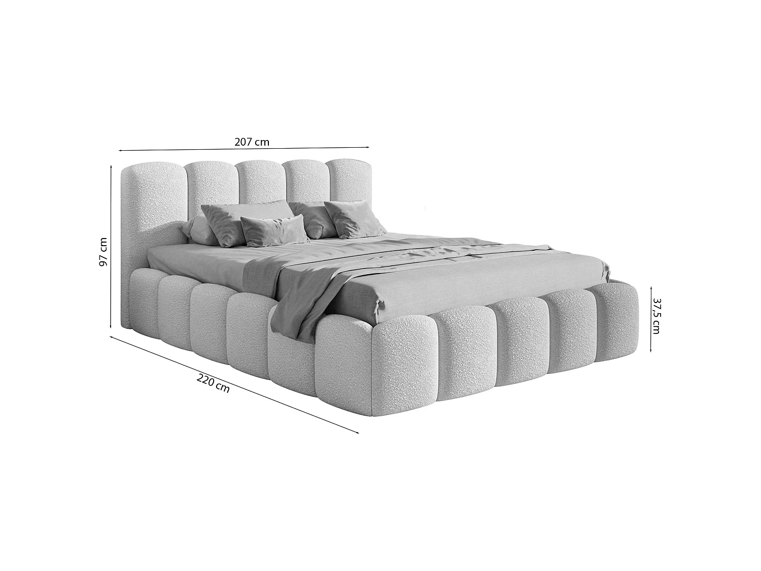 Lit coffre avec tête de lit - 180x200 cm - en bouclette grey - CLOUDY II