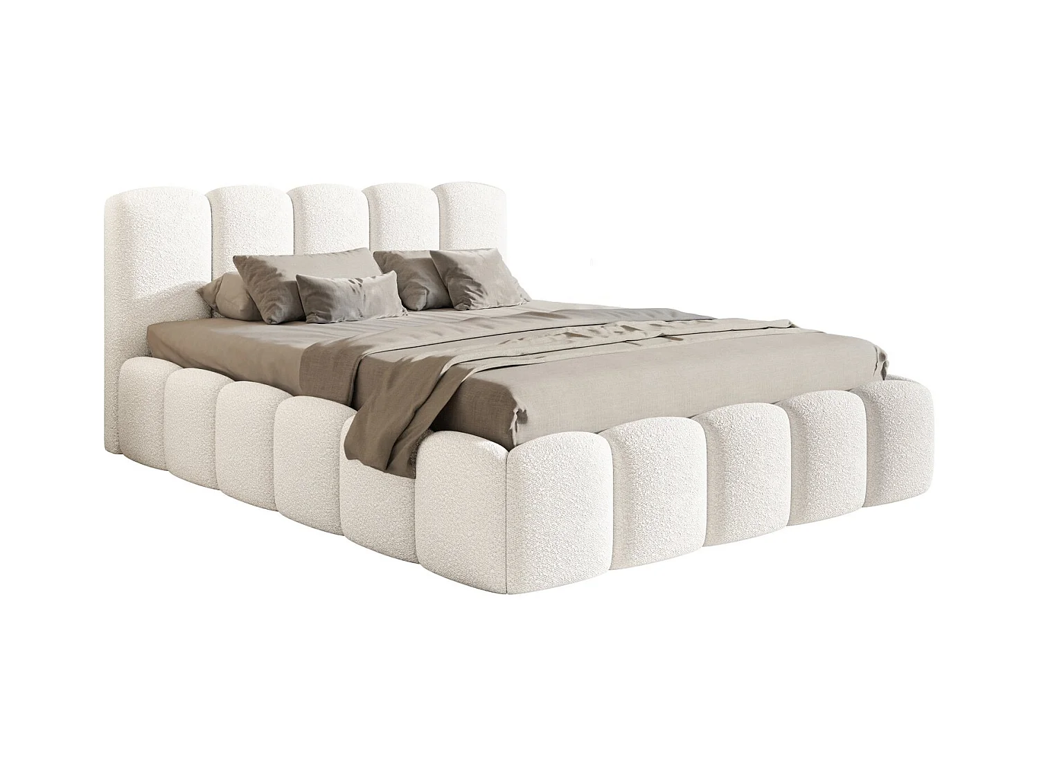 Lit coffre avec tête de lit - 140x200 cm - en bouclette crème - CLOUDY II