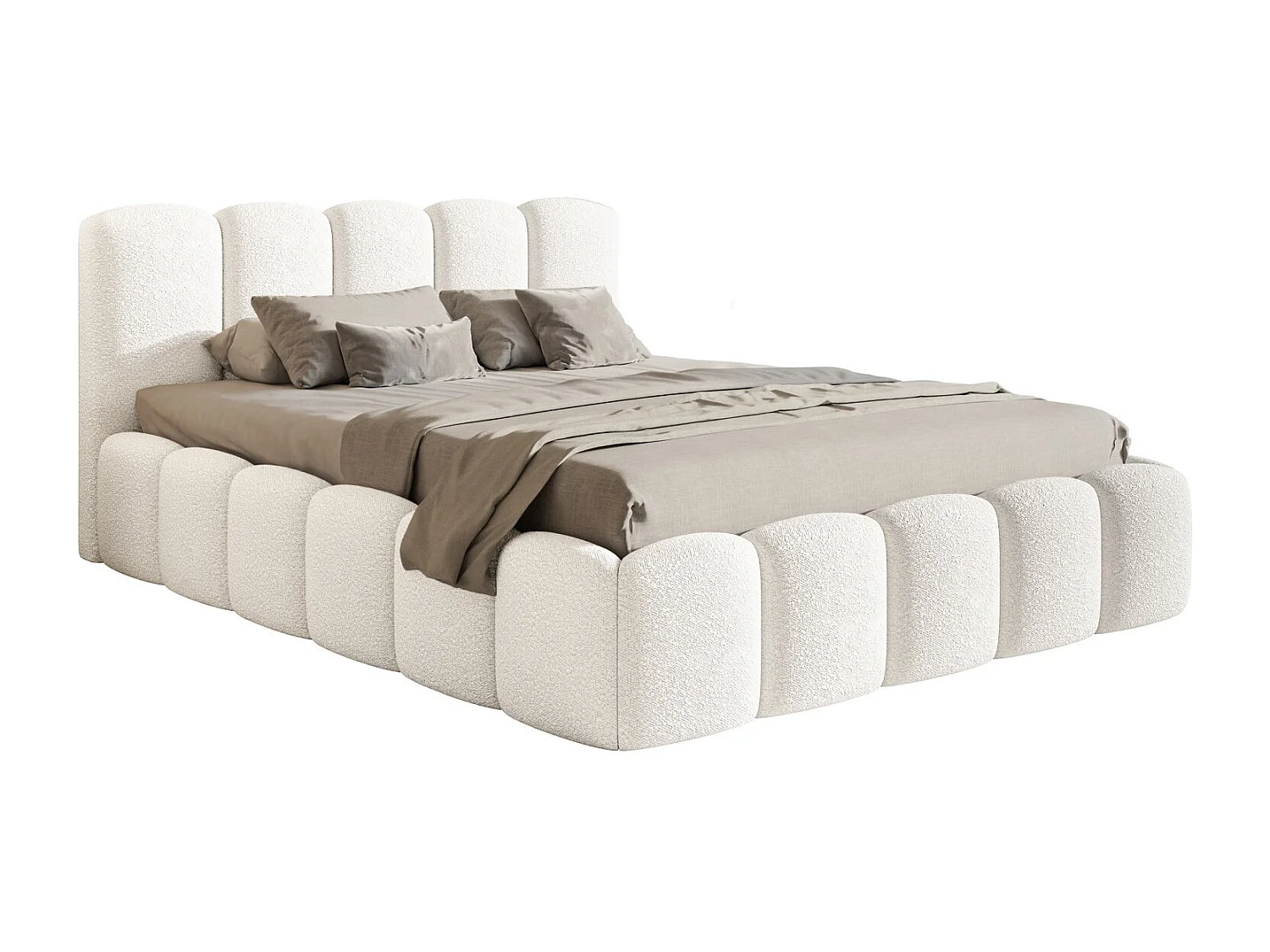 Lit coffre avec tête de lit - 140x200 cm - en bouclette crème - CLOUDY II