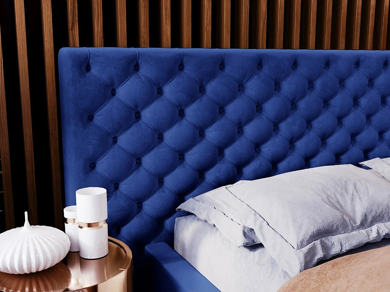 Lit rembourré avec rangement - 160 x 200 - lit double - velours - bleu - Madera