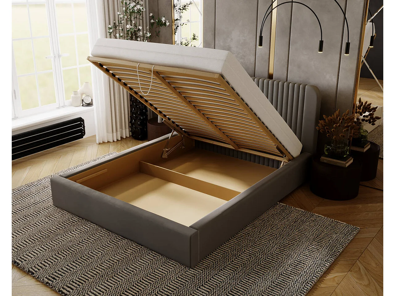 Gestoffeerd bed Malmo 180x200 grijs - opbergruimte voor bed Malmodengoed, houten lattenbodem, doorgestikt hoofdbord en bedframe