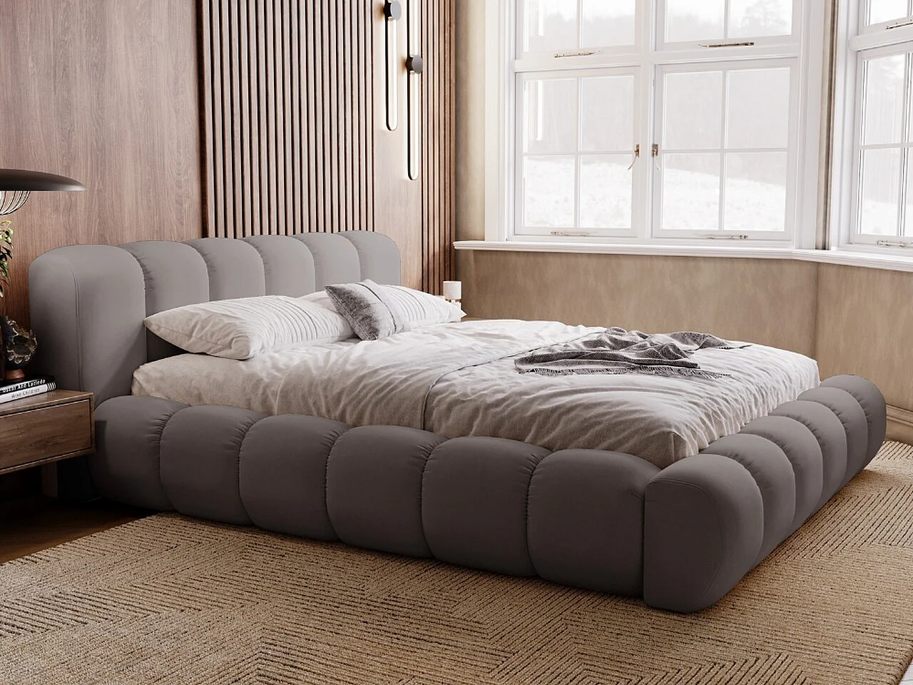 Polsterbett mit Bettkasten - 140 x 200 - Samtstoff - Grau - Bett mit Lattenrost - DORIA