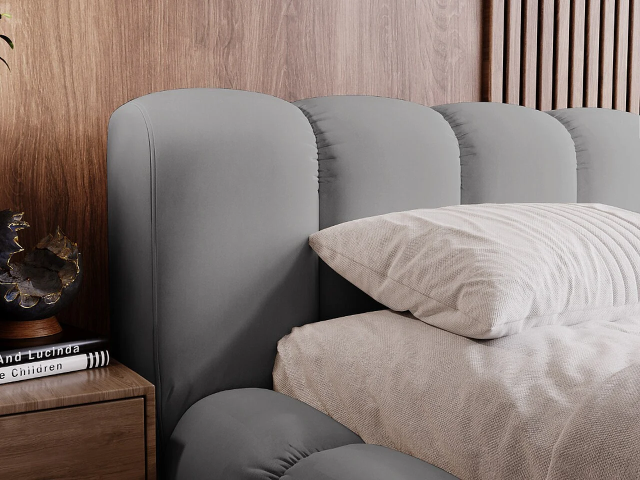 Polsterbett mit Bettkasten - 140 x 200 - Samtstoff - Grau - Bett mit Lattenrost - DORIA