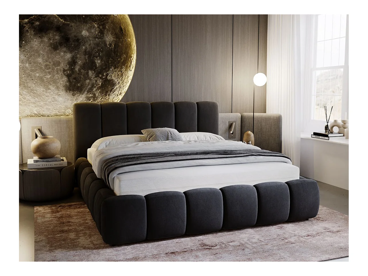 Polsterbett mit Bettkasten - 200 x 200 - Samtstoff - Anthracite - Bett mit Lattenrost - CLOUD