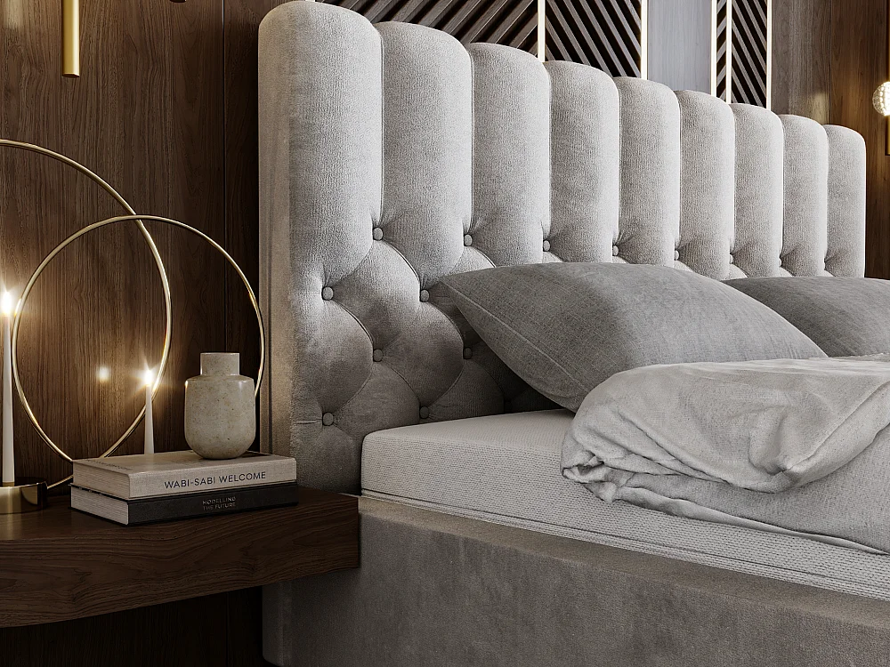 Lit rembourré avec rangement - 180 x 200 - lit double - velours - gris clair - Roma