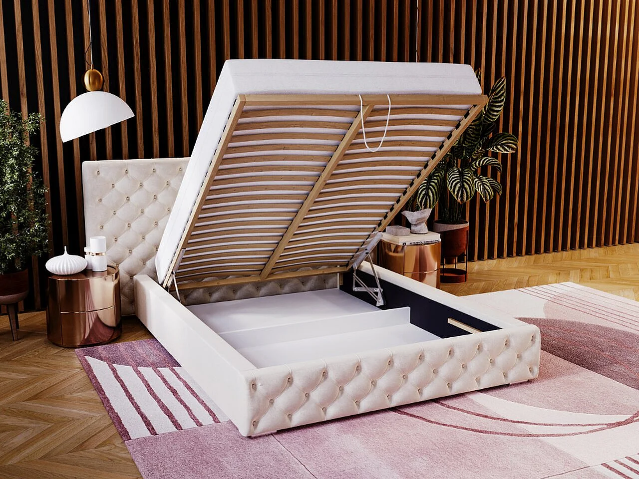 Gestoffeerd bed Madera 140x200 beige - opbergruimte voor beddengoed, houten lattenbodem, doorgestikt hoofdbord en bedframe