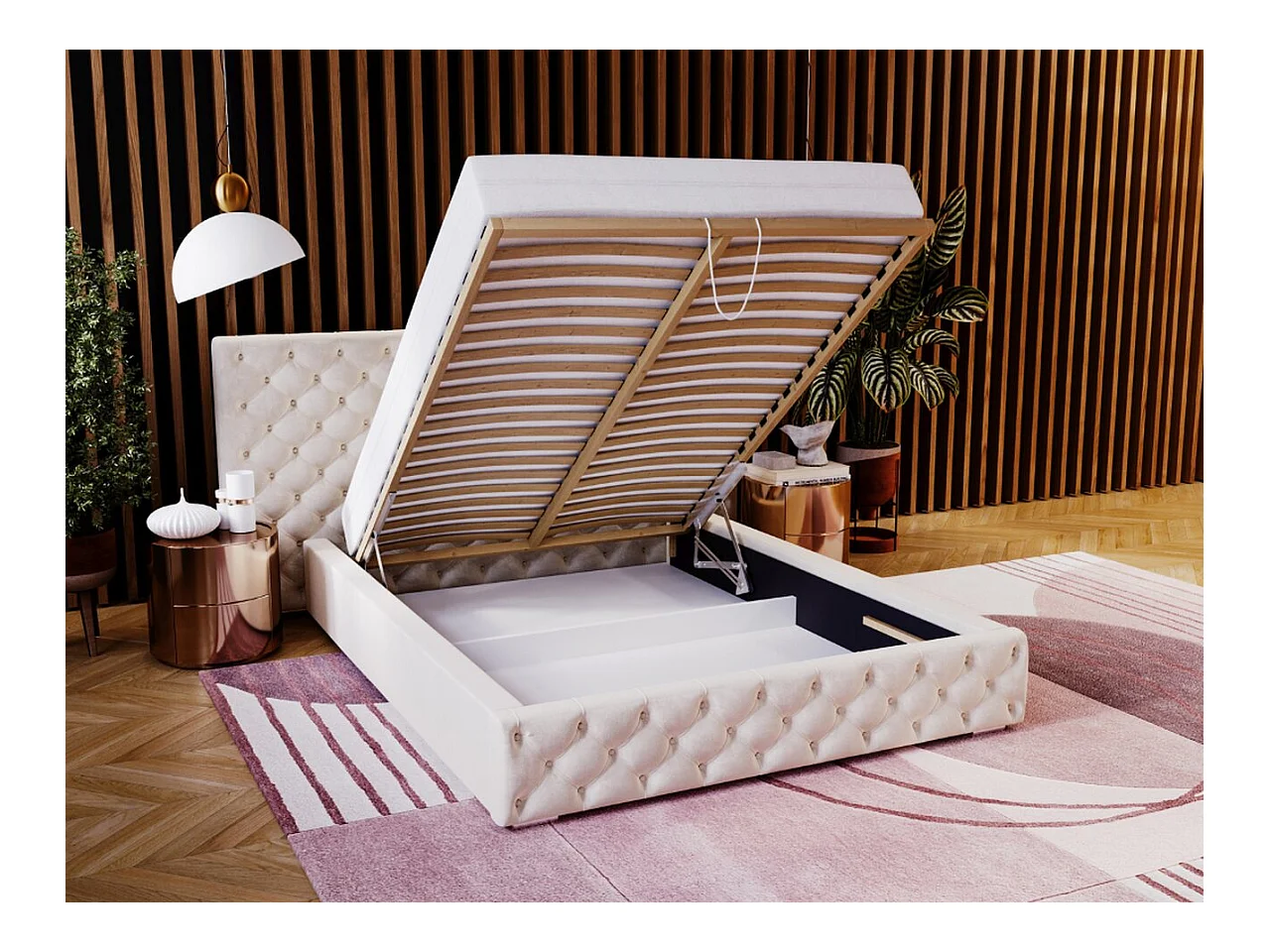Lit rembourré avec rangement - 140 x 200 - lit double - velours - beige - Madera