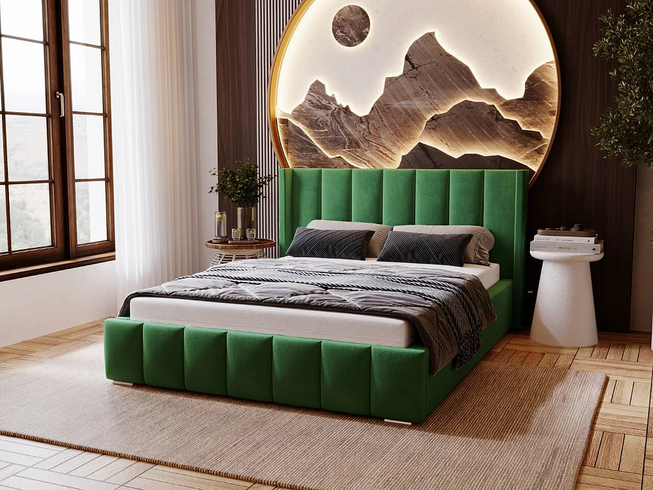 Lit rembourré avec rangement - 160 x 200 - lit double - velours - vert - Marano