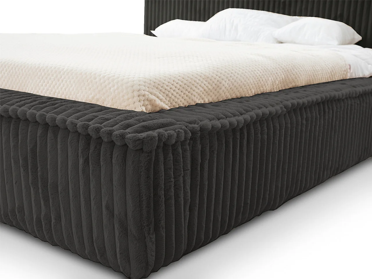 Gestoffeerd bed Lago 160x200 zwart - opbergruimte voor beddengoed, houten lattenbodem, doorgestikt hoofdbord en bedframe